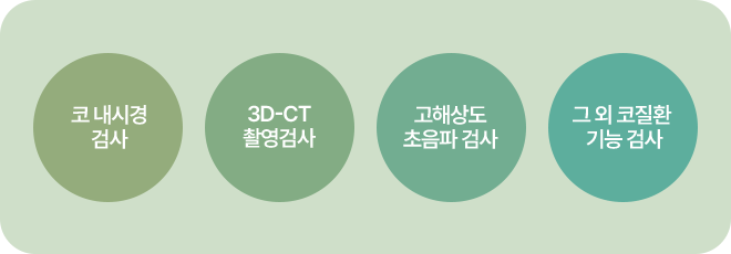 코 내시경 검사. 3D-CT 촬영검사. 고해상도 총음파 검사. 그외 코질환 기능검사